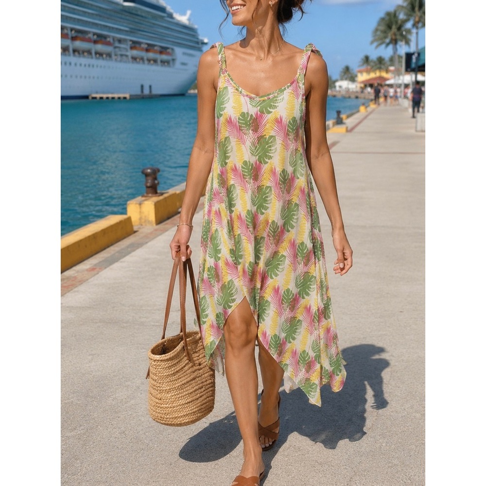 India Boutique Tropical Palm Leaf Handkerchief Hem Dress Multicolor One Size